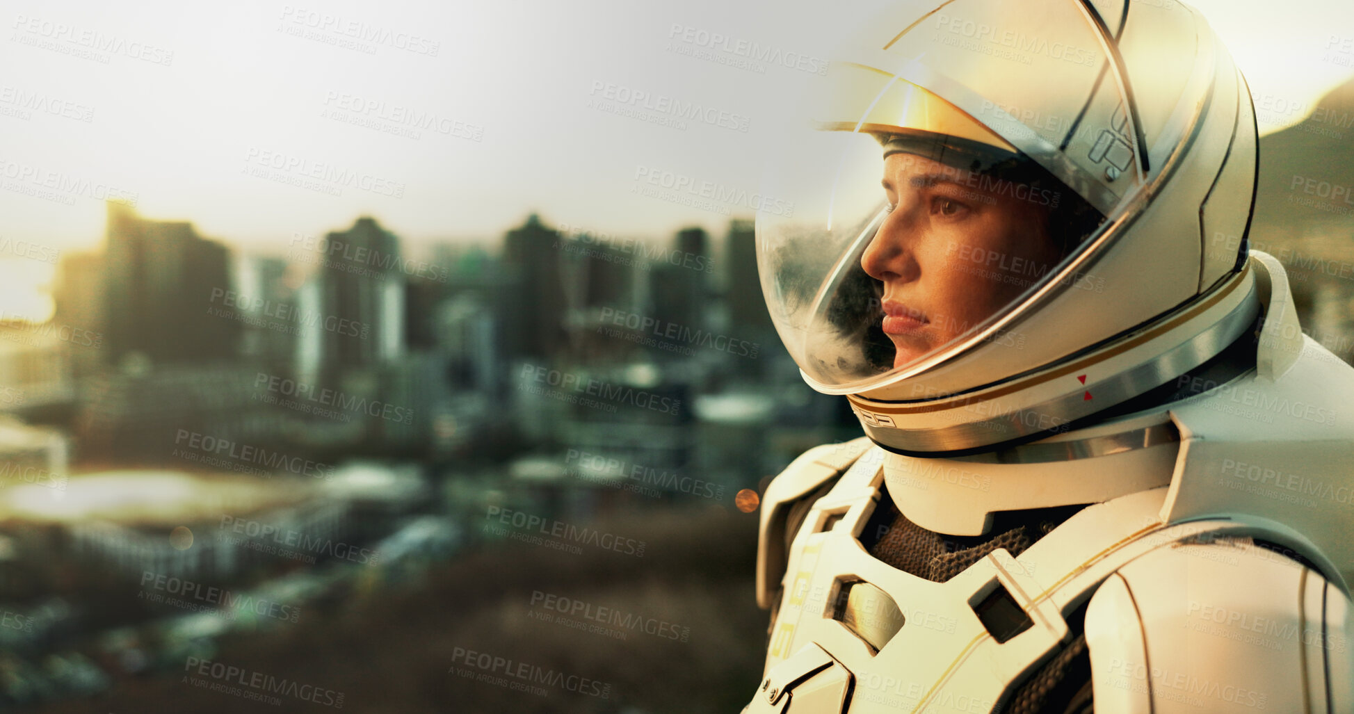 Buy stock photo City, future and thinking with astronaut woman outdoor on planet earth for space exploration or travel. Face, helmet and vision with interstellar person in universe for galaxy ideas or planning