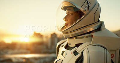 Buy stock photo Astronaut, woman and thinking in city for future, planet dystopia and spacesuit of aerospace mission. Earth, person and view for emergency safety, sci fi journey and adventure of urban survival

