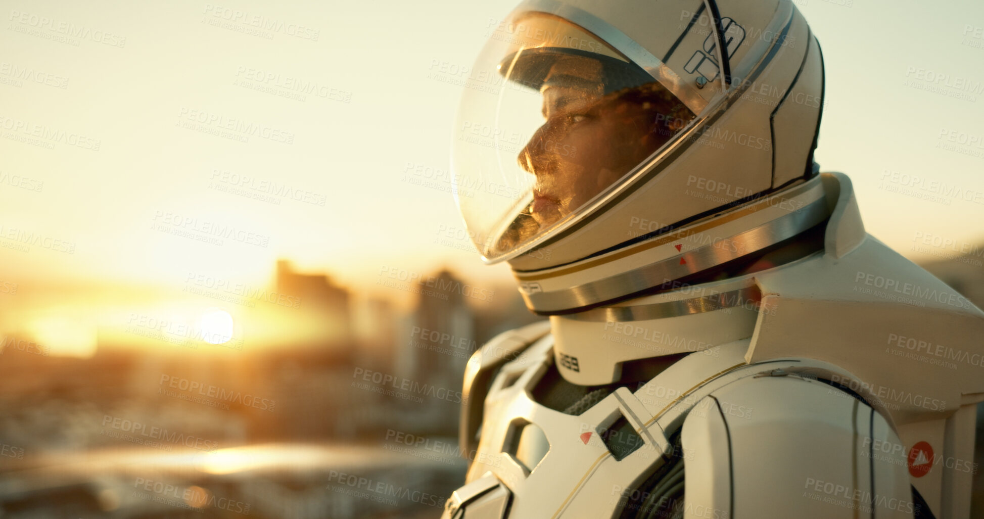 Buy stock photo Astronaut, woman and thinking in city for future, planet dystopia and spacesuit of aerospace mission. Earth, person and view for emergency safety, sci fi journey and adventure of urban survival

