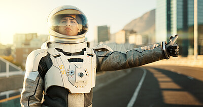 Buy stock photo City, hitchhiking and street with astronaut woman on planet earth for adventure, discovery or journey. Lost, transport and travel with person outdoor on asphalt road for space exploration or trip