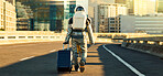 Astronaut, woman and city with suitcase for travel survival, planet dystopia and spacesuit of aerospace mission. Earth, person and luggage for emergency safety, sci fi journey or adventure of explore