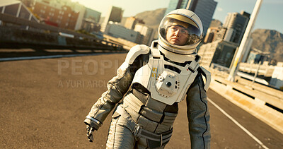 Buy stock photo Person, astronaut and outdoor in city with scientific research or mission and experiment for environment. Safety gear, outside and sci fi for adventure, discovery and project with future for earth