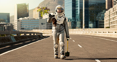 Buy stock photo Nature, astronaut in suit and plant on planet for oxygen, earth restoration and futuristic fantasy in street. Spaceman, spade and walking with tree in road for growth, exploration and adventure