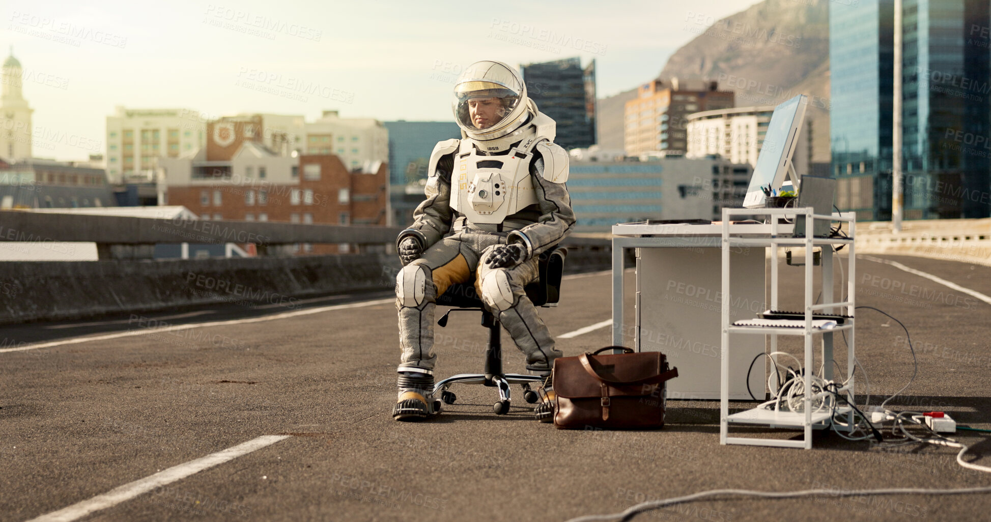 Buy stock photo Earth, scifi and astronaut in spacesuit, cyberpunk and city with buildings, laptop and dystopia. Urban town, person and explorer with computer, future and artistic with planet, mission or creative