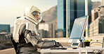 Technology, astronaut and helmet with computer on planet for discovery, research and science fiction information. Spaceman, outdoor desk and typing in street for expedition and futuristic fantasy