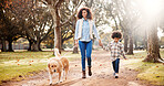 Walking, dog and mother in park, boy and bonding together with wellness, fitness and nature. Outdoor, parent and holding hands with son, mama or pet lover with happiness, cheerful and joy with leash