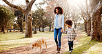 Walking, dog and mother in park, boy and bonding together with wellness, fitness and nature. Family, parent and holding hands with son, mama and pet lover with happiness, cheerful and joyful with pet