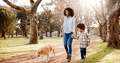 Buy stock photo Walking, dog and mother in park, boy and bonding together with wellness, fitness and nature. Family, parent and holding hands with son, mama and pet lover with happiness, cheerful and joyful with pet