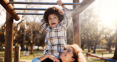 Buy stock photo Game, mother and boy in park, family and bonding together with happiness, cheerful and nature. Outdoor, single parent and mama with support, playground and joyful with jungle gym, love and son