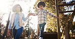 Holding hands, mother and boy in park, game and bonding together with happiness, cheerful and family. Outdoor, single parent and mama with toddler, playground and joyful with trees, nature and son