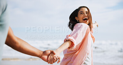 Buy stock photo Love, holding hands and happy with couple at beach for travel destination, summer and honeymoon vacation. Relax, tropical and adventure with man and woman for holiday, bonding and romance together