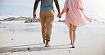 Love, holding hands and walking with couple at beach for travel destination, summer and honeymoon vacation. Relax, tropical and adventure with man and woman for holiday, bonding and romance together