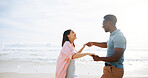 Couple, dance and beach for vacation, love and bonding together with happiness, energy and romance. Interracial, seaside and man with woman, movement and relationship with getaway trip and travel