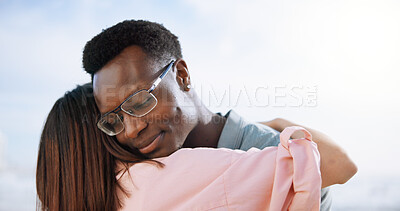 Buy stock photo Love, hug and care with couple at beach for travel destination, summer and honeymoon vacation. Relax, tropical and adventure with man and woman on date for holiday, bonding and romance together