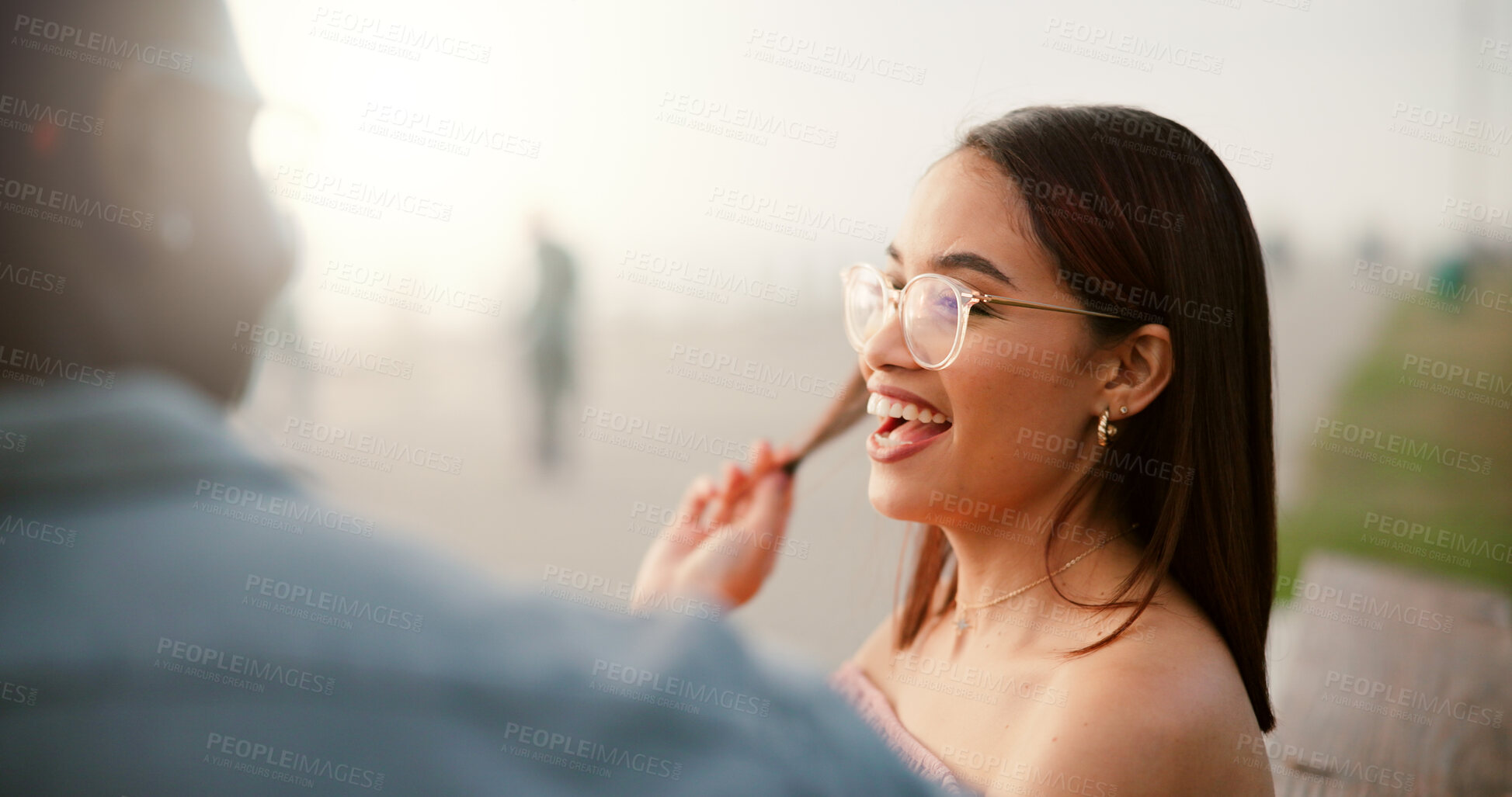 Buy stock photo Beach, funny and couple with love, happiness and travel with summer holiday, honeymoon and humor. Seaside, joke and man with woman, vacation and bonding together with adventure, laugh or relationship