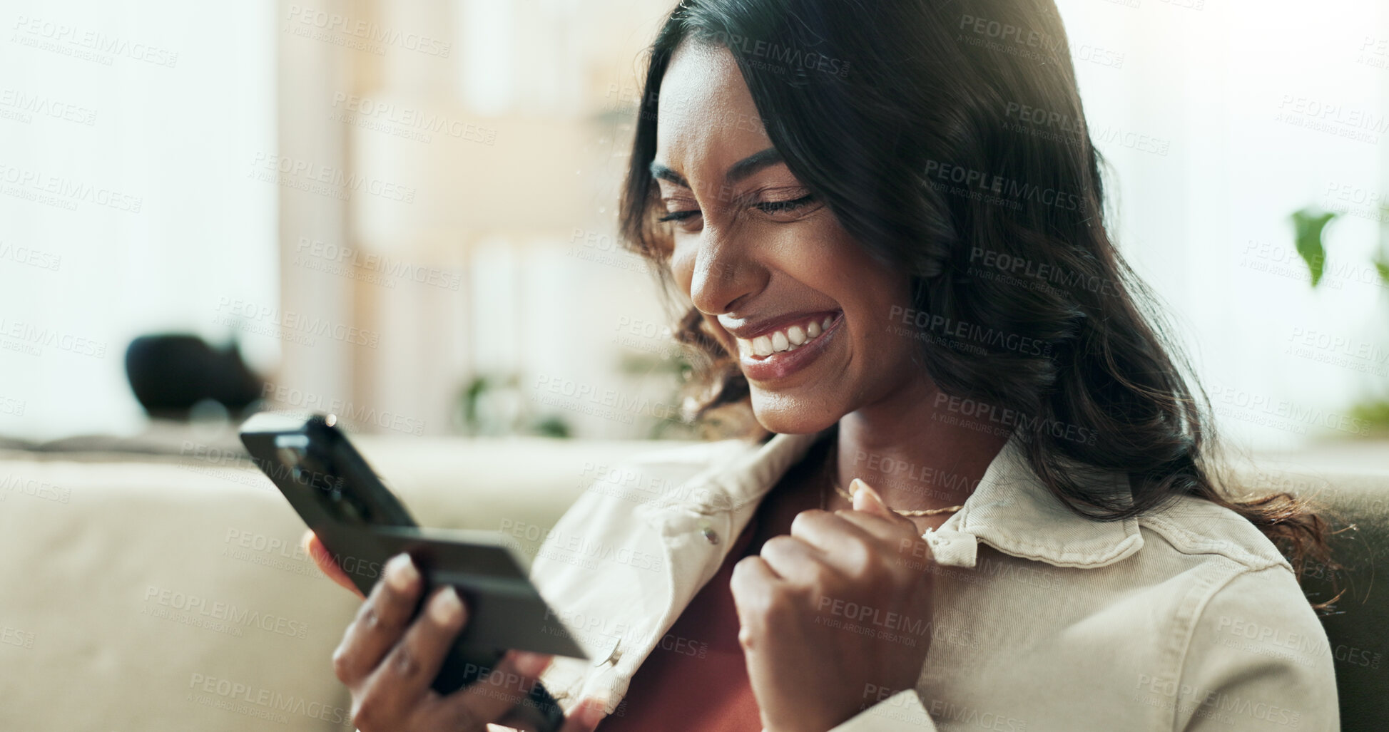 Buy stock photo Excited, house and woman with smartphone, credit card and celebration with savings, investment and budget. Ecommerce, person and girl with cellphone, finance and cheering with transaction and payment