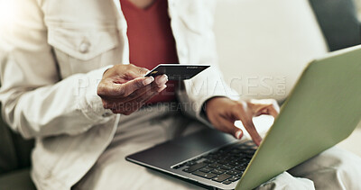 Buy stock photo Hands, typing and woman with laptop, credit card and online shopping with savings, investment or banking. Closeup, person or girl with computer, transactions or budget with ecommerce, home or payment