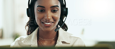 Buy stock photo Woman, agent and support with headphones in call centre for customer service, telemarketing and sales advice. Happy, advisor and headset for communication, client questions and e commerce help of faq