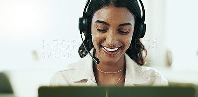 Buy stock photo Woman, advisor and support with headphones in call centre for customer service, telemarketing and sales agent. Happy, girl and headset for communication, client questions and e commerce advice of faq