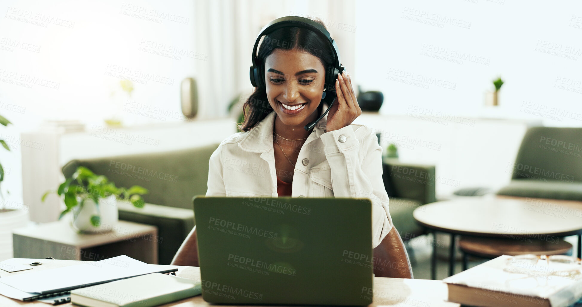 Buy stock photo Woman, house and support with headphones in call centre for customer service, telemarketing and sales agent. Happy, advisor and headset for communication, client questions or e commerce advice of faq