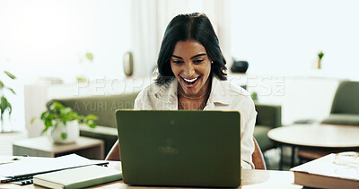 Buy stock photo Remote work, woman and excited at laptop for success, company growth and good news in email. Virtual assistant, computer and happy in home for promotion, achievement and bonus or career opportunity