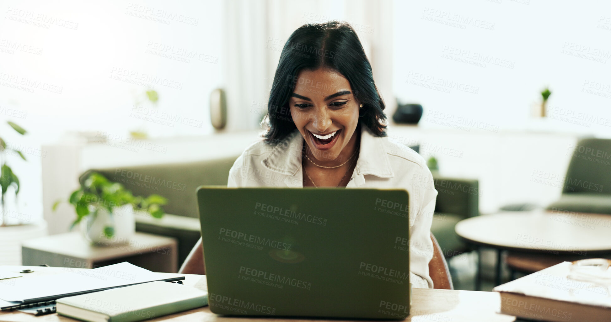 Buy stock photo Remote work, woman and excited at laptop for success, company growth and good news in email. Virtual assistant, computer and happy in home for promotion, achievement and bonus or career opportunity