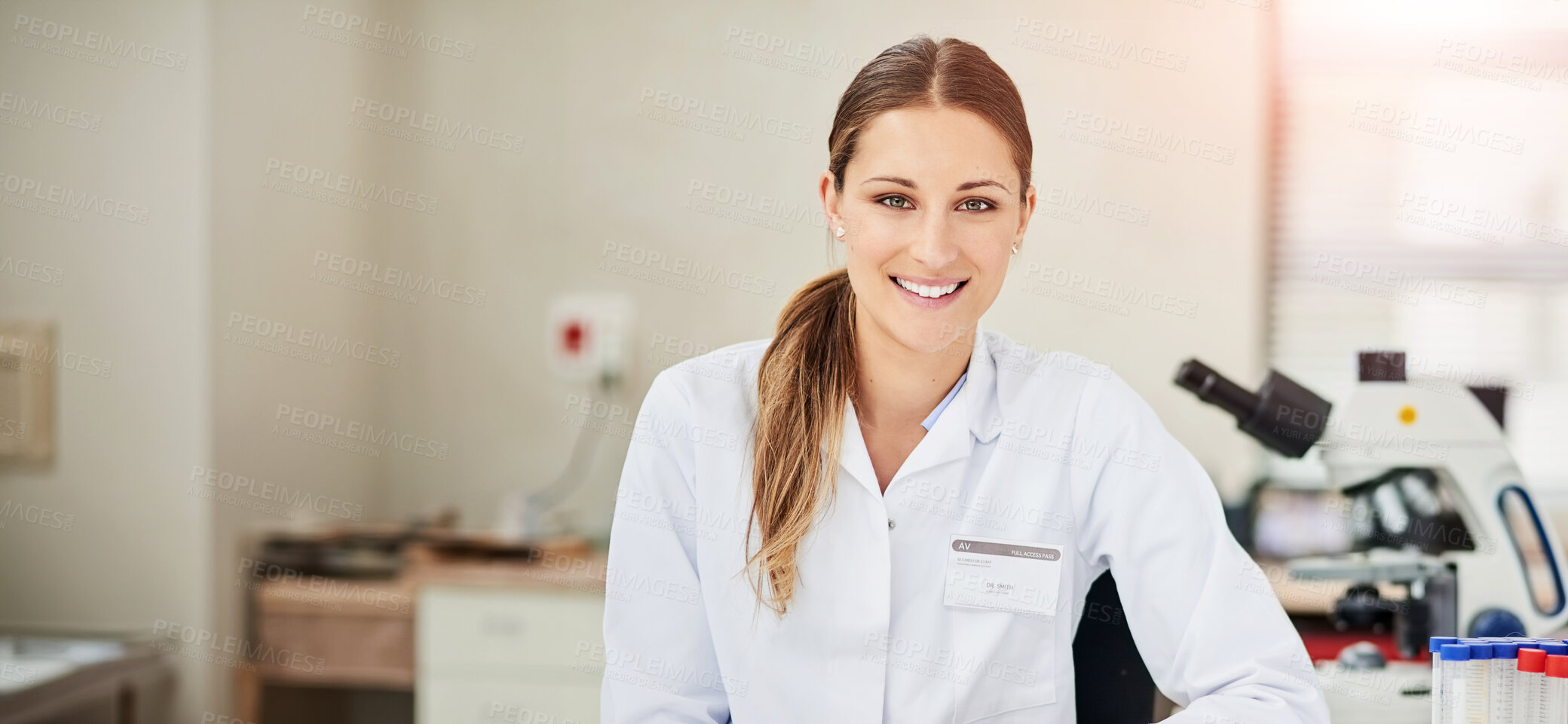 Buy stock photo Portrait of a young female scientist working in a lab