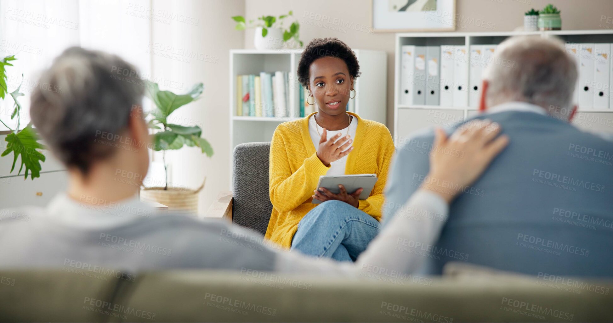 Buy stock photo Therapy, tablet and woman with couple on sofa for advice, consulting and counseling session. Psychology, talk and psychologist with people on couch for marriage, relationship or discussion for help