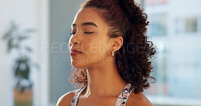 Buy stock photo Woman, home and eyes closed with meditate for peace, calm and mental health or mindfulness. Female person, serious and spiritual with zen as activity or hobby for wellbeing and self care on break