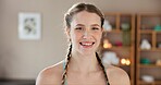 Woman, break and portrait for yoga in home as exercise and workout for health in France. Female person, gym and smile or happy with pride for hobby in sportswear for self care, wellbeing and fitness