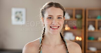 Buy stock photo Woman, break and portrait for yoga in home as exercise and workout for health in France. Female person, gym and smile or happy with pride for hobby in sportswear for self care, wellbeing and fitness