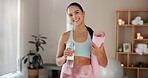 Home, woman and portrait with water after yoga, practice and mindfulness session for wellness. Fitness, female person or yogi on break with beverage bottle, mat or hydration with mineral H2O in house