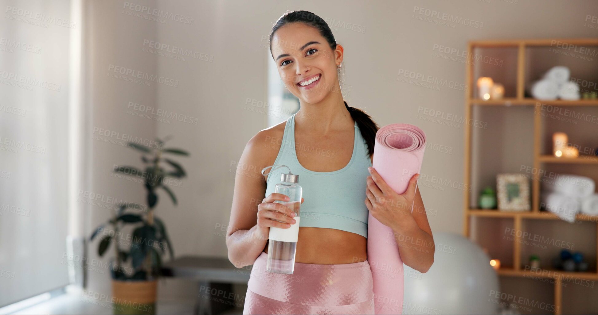 Buy stock photo Home, woman and portrait with water after yoga, practice and mindfulness session for wellness. Fitness, female person or yogi on break with beverage bottle, mat or hydration with mineral H2O in house