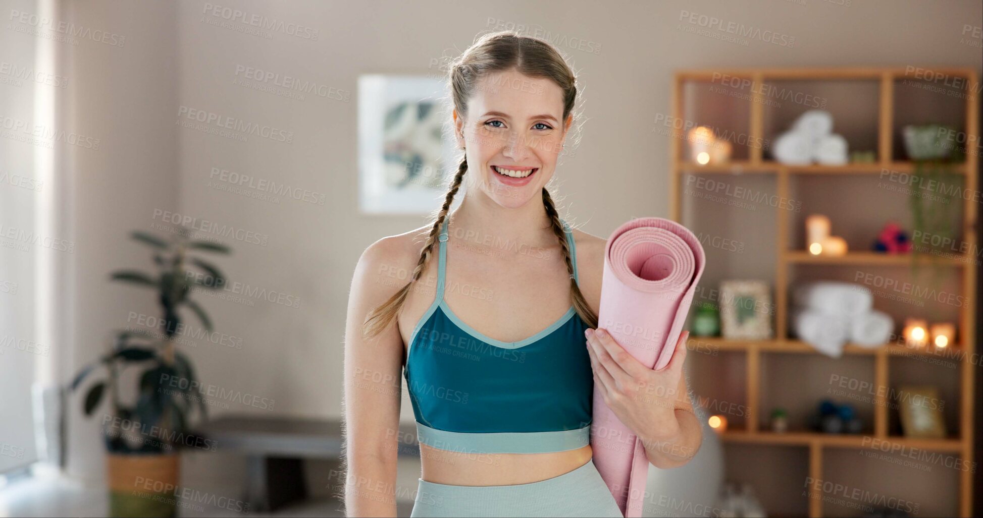 Buy stock photo Woman, break and portrait with yoga mat  in home as exercise and workout for health in France. Female person, gym and smile in confidence for hobby in sportswear for self care, wellbeing and fitness