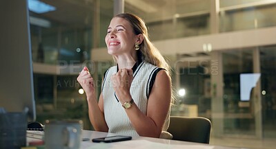 Buy stock photo Woman, night and excited on computer at office for email notification, good news and task submission. Female person, employee and happy or satisfied with achievement, bonus and job promotion in pride