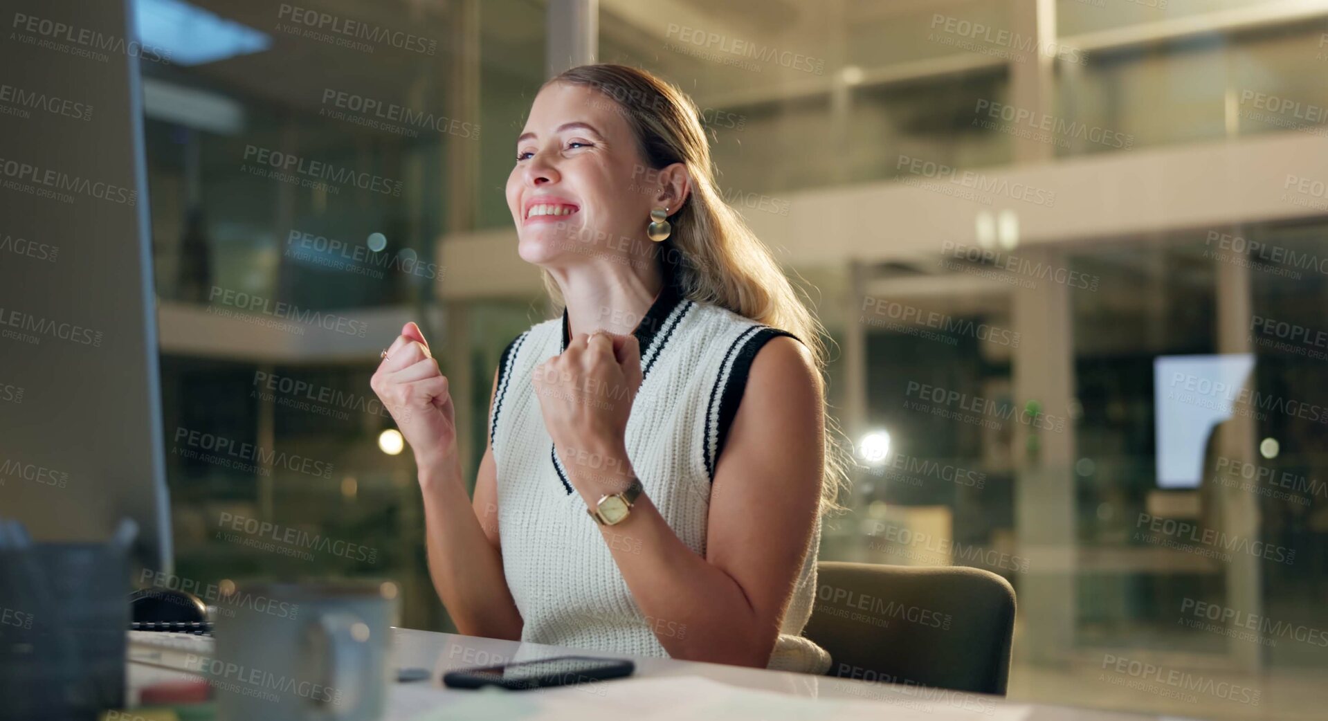 Buy stock photo Woman, night and excited on computer at office for email notification, good news and task submission. Female person, employee and happy or satisfied with achievement, bonus and job promotion in pride