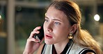 Business, woman or frustrated with phone call in office at night for stock market crash, bad investment or trading mistake. Professional, trader or stress with consulting for financial crisis or risk