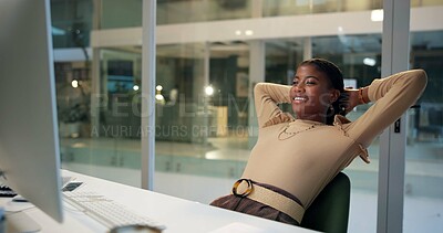 Buy stock photo Black woman, office and happy with rest on computer for email notification with work schedule as administrator. Female person, employee and smile or satisfied with relaxing  at night for deadline