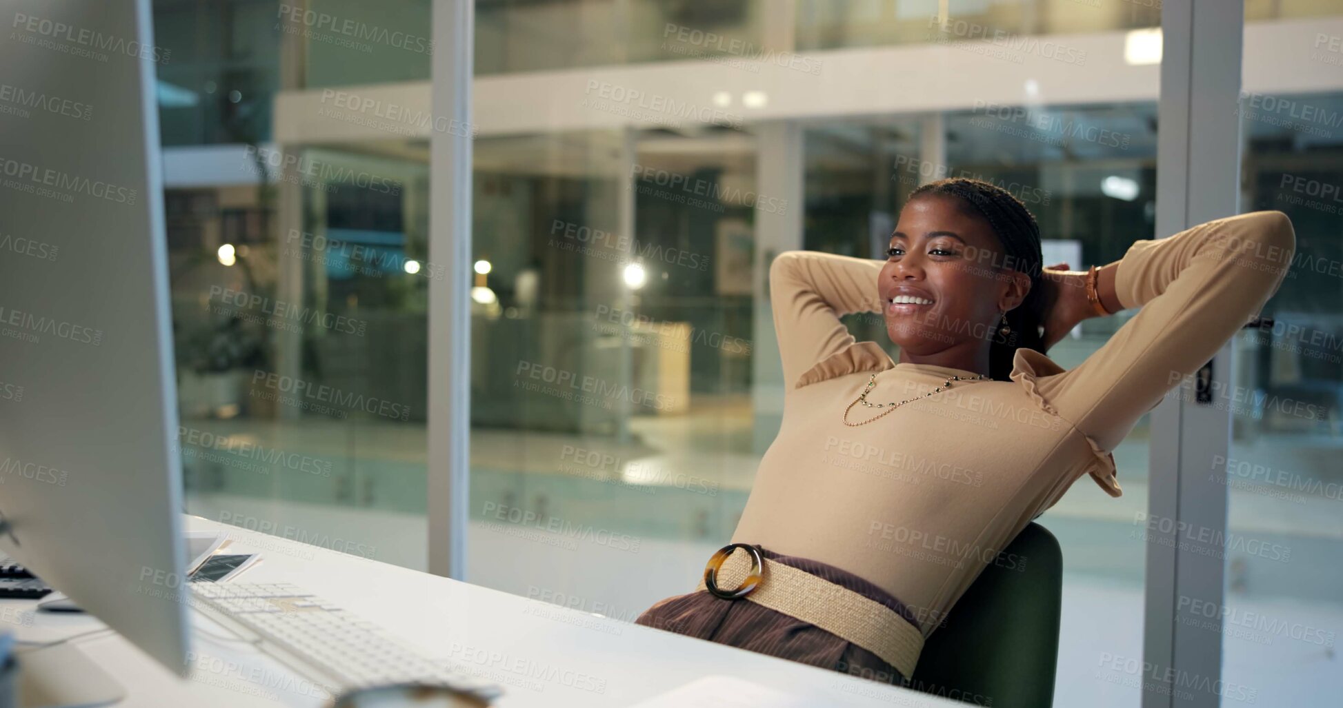 Buy stock photo Black woman, office and happy with rest on computer for email notification with work schedule as administrator. Female person, employee and smile or satisfied with relaxing  at night for deadline