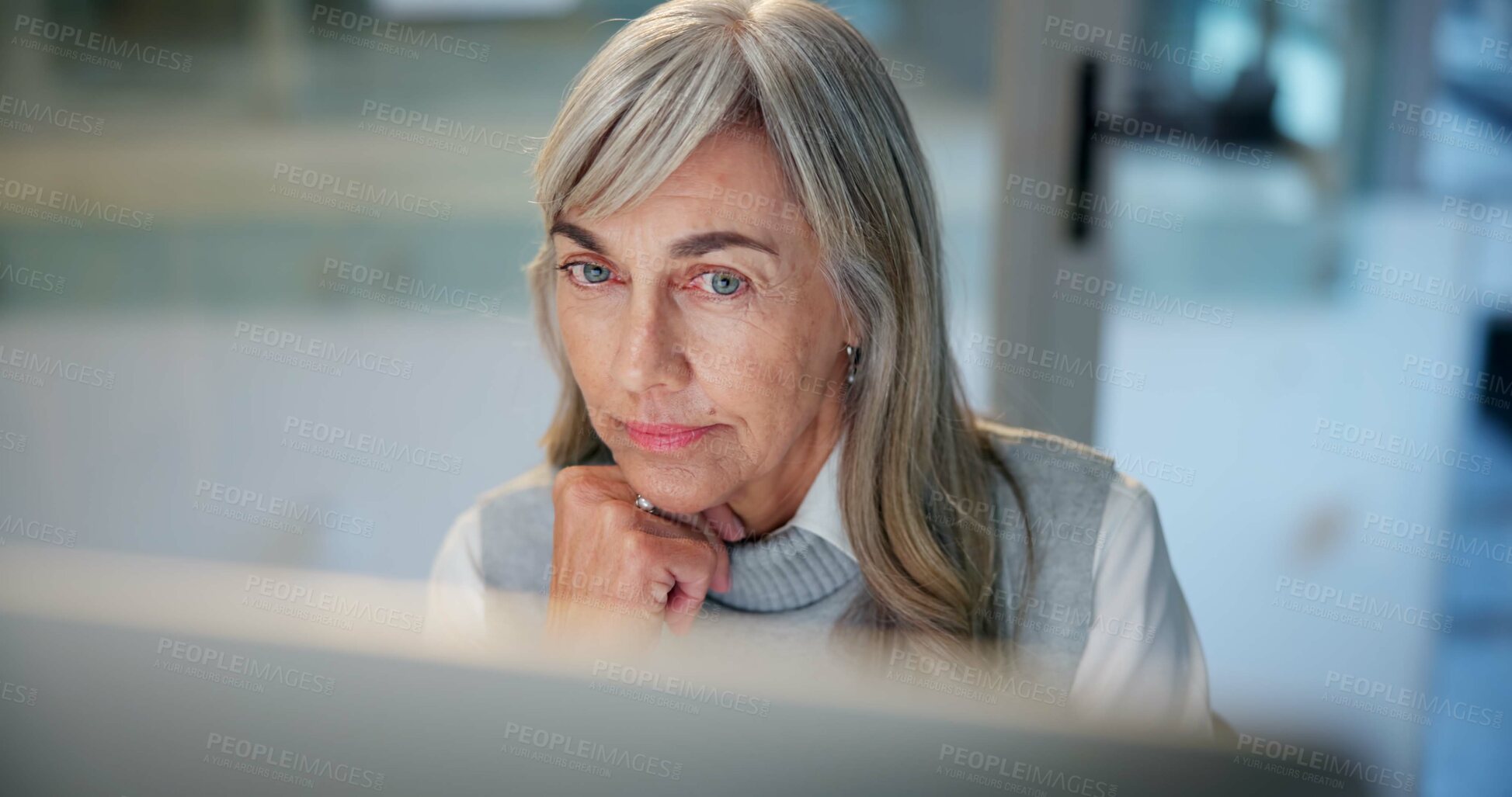 Buy stock photo Computer, problem solving and thinking with mature businesswoman in office at night for research. Idea, planning and reading with professional employee in workplace for cryptocurrency trading