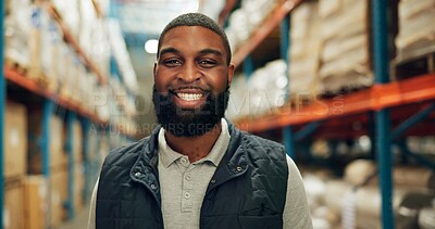 Buy stock photo Portrait, black man and smile at warehouse for distribution service, logistics industry and package inventory. Worker, happy and inspection for supply chain, freight and quality control of production