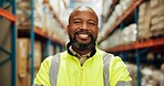 Portrait, happy and black man at warehouse for distribution, logistics industry and package inventory. Worker, confident and cargo inspection for supply chain, freight or transport of production site