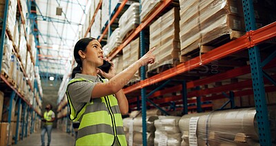 Buy stock photo Woman, phone call and logistics at warehouse for distribution, inspection and package inventory. Female person, mobile and discussion for order storage, quality control and supply of stock at depot