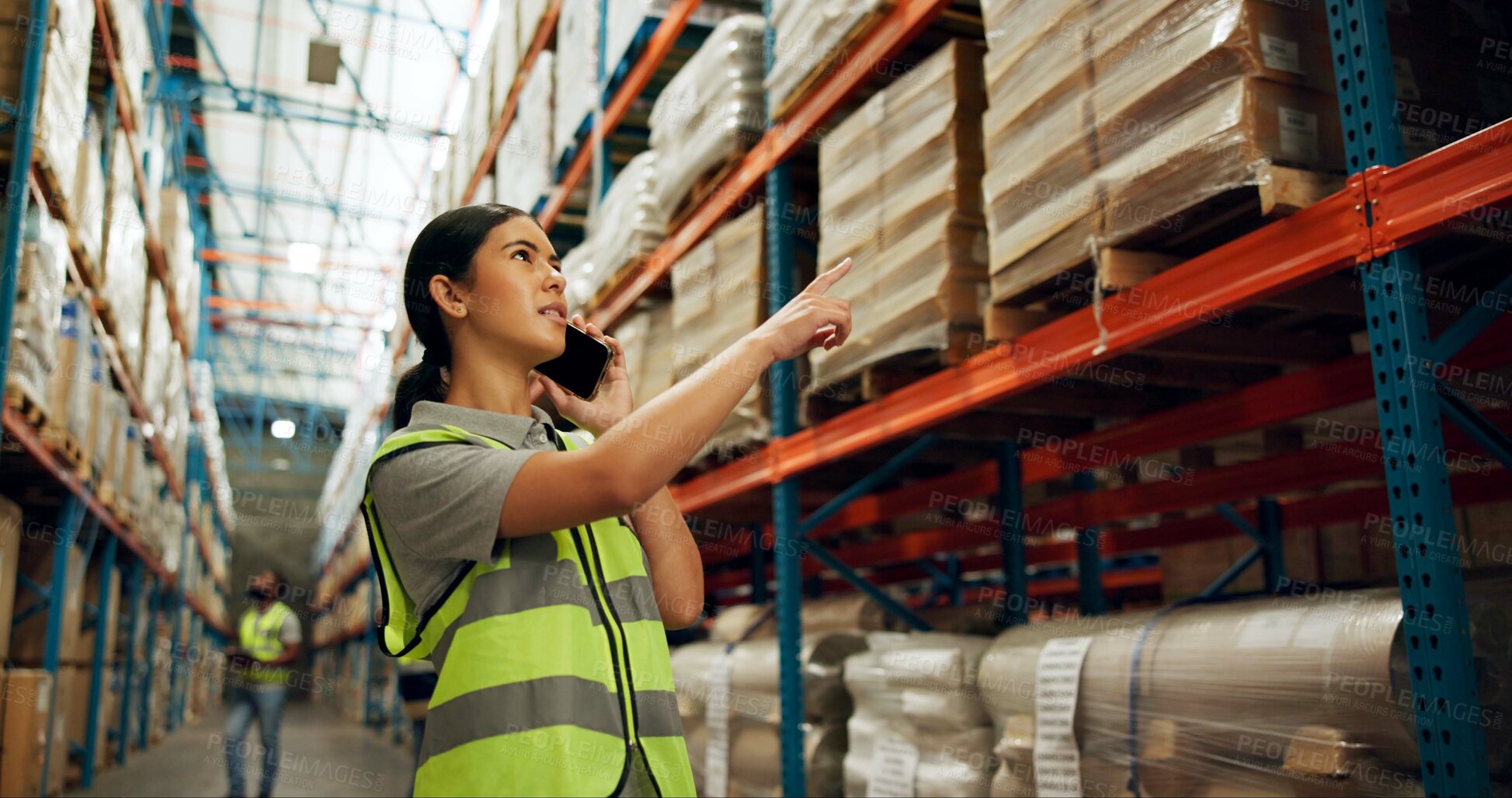 Buy stock photo Woman, phone call and logistics at warehouse for distribution, inspection and package inventory. Female person, mobile and discussion for order storage, quality control and supply of stock at depot