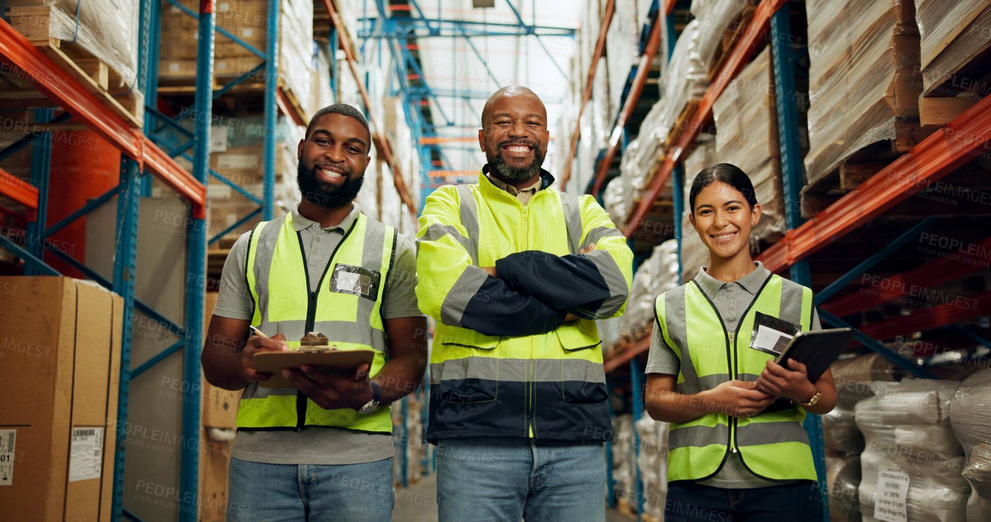 Buy stock photo People, employees and happy in warehouse on portrait for manufacturing with teamwork. Business, coworking and smile with clipboard or tablet at wholesale for package, supply chain and delivery