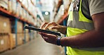 Hands, person and tablet at warehouse for distribution service, logistics checklist and package inventory. Worker, digital and inspection for order production, freight and quality control of cargo