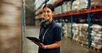 Portrait, woman and tablet at warehouse for distribution industry, logistics checklist and package inventory. Worker, digital and inspection check for shipping order, supply chain and quality control