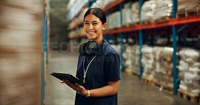 Buy stock photo Portrait, woman and tablet at warehouse for distribution industry, logistics checklist and package inventory. Worker, digital and inspection check for shipping order, supply chain and quality control