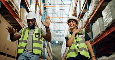 Buy stock photo Woman, man and logistics in warehouse with dancing for quality control, stock management or delivery. Happy people, factory and worker with smile, fun and freight for supply chain or shipping company