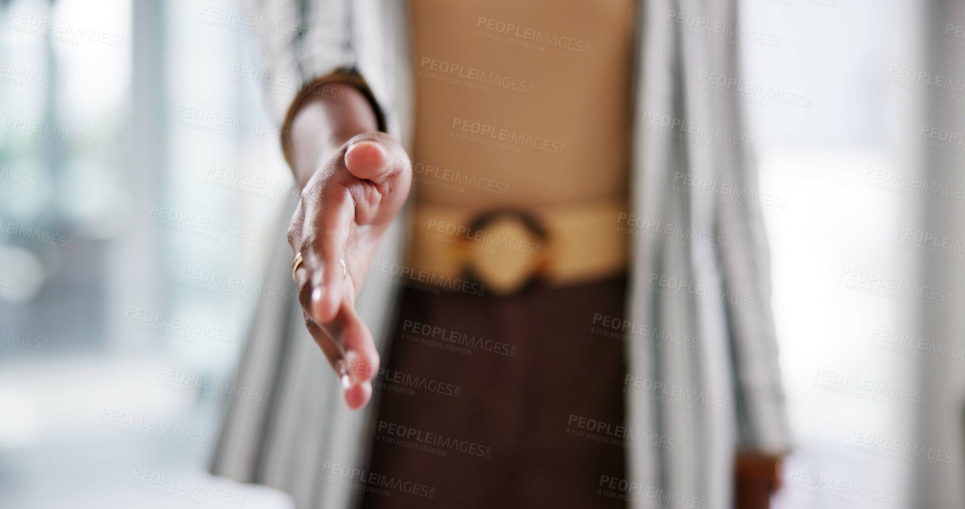 Buy stock photo Woman, handshake offer and hello in office, meeting introduction and hr manager for interview. Female person, job hiring opportunity and employer recruiting in workplace, client pov and onboarding